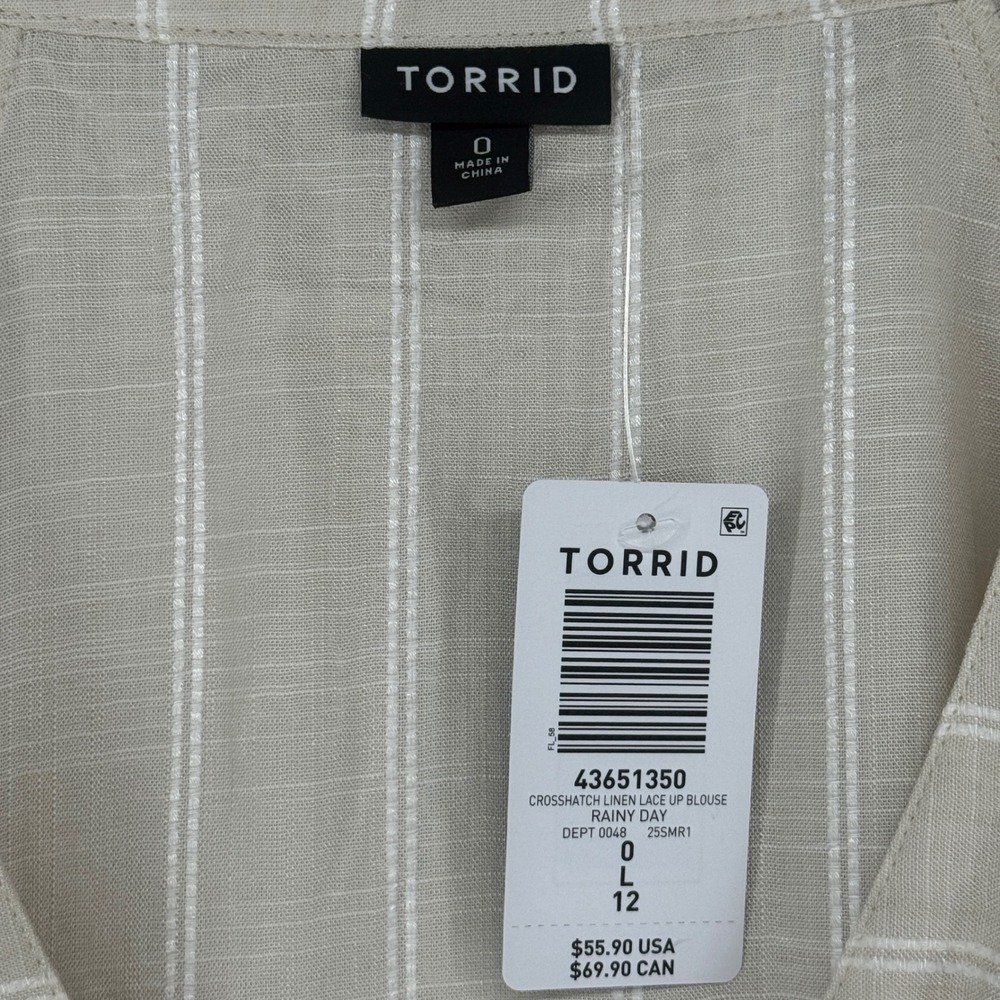 Torrid Lace Up V Neck Long Sleeve Blouse Ivory Stripe Size 0X L 12 Flowy NWT - Picture 5 of 9